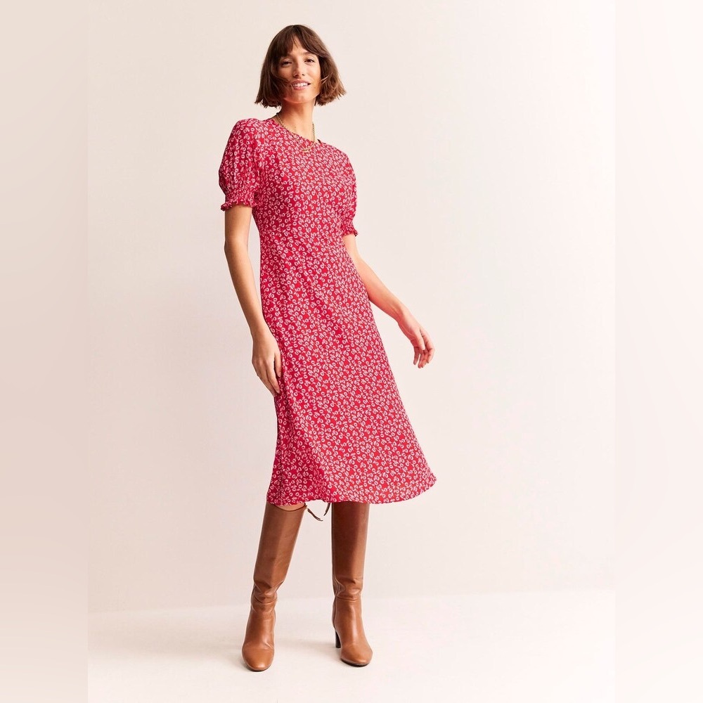 BODEN Corrine Midi Tea Dress in Cherry Red And White Ditsy Floral Print
